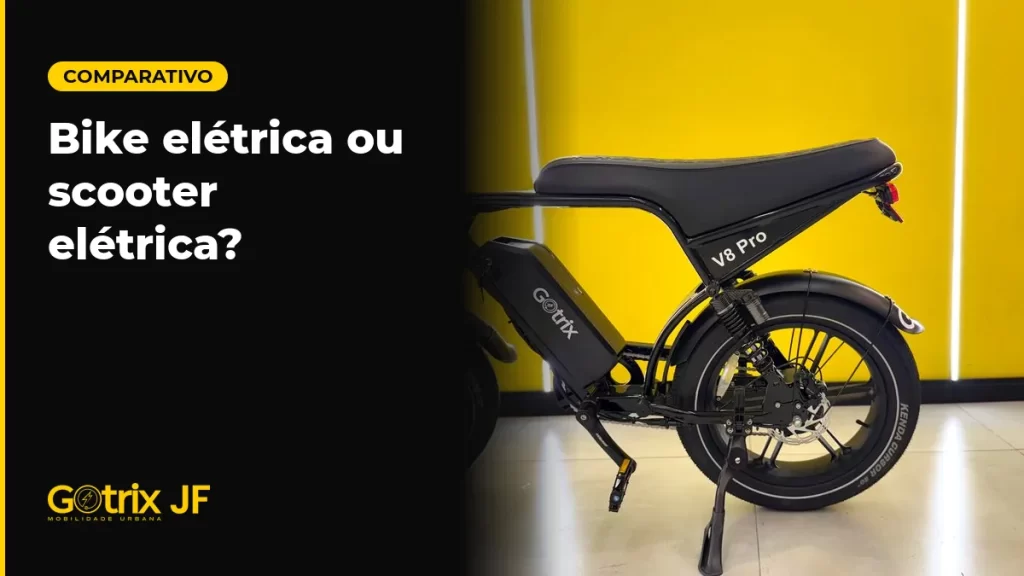 Bicicleta elétrica Gotrix V8 Pro preta, de perfil, em estúdio de fundo amarelo