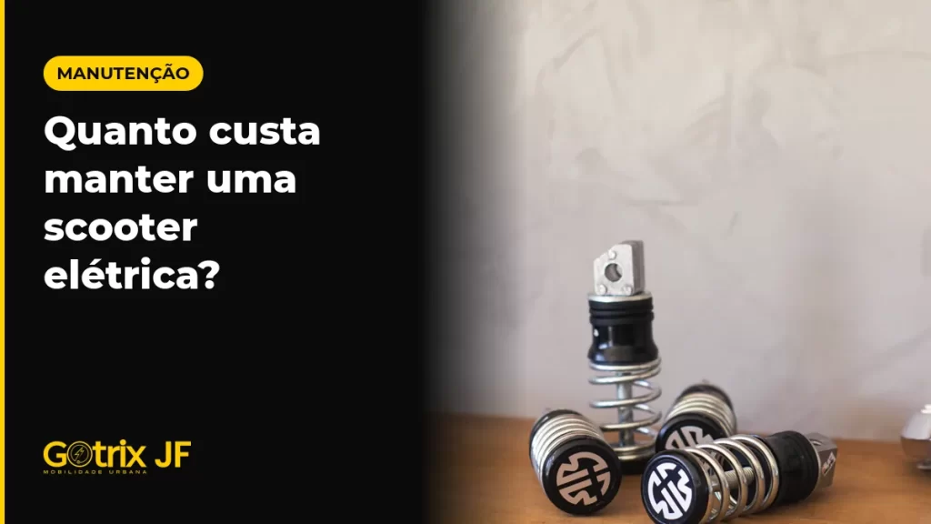 Amortecedores traseiros cromados para scooter elétrica sobre bancada de madeira