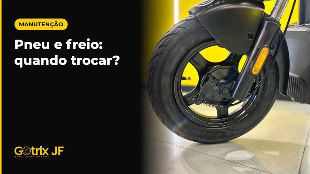 Roda traseira, pneu e cubo do motor da scooter elétrica Gotrix Iron Joy em detalhe