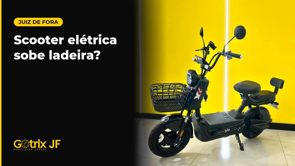 Scooter elétrica Gotrix Iron Joy preta com cesto, em estúdio de fundo amarelo